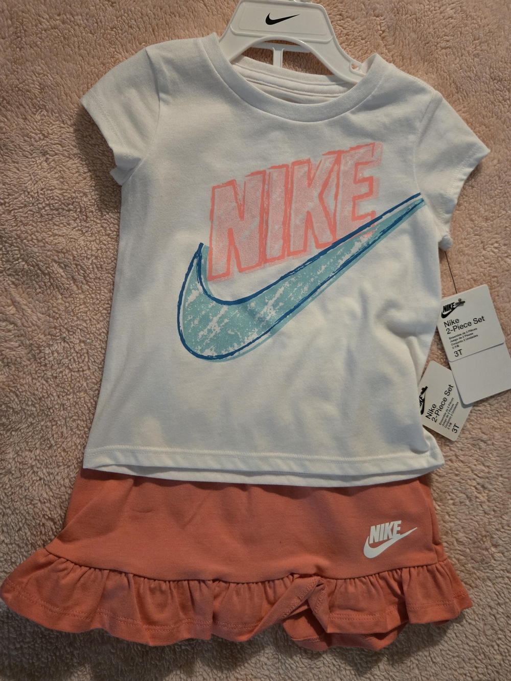 Nike White Tee with Coral Logo and Aqua Swoosh + Coral Skort